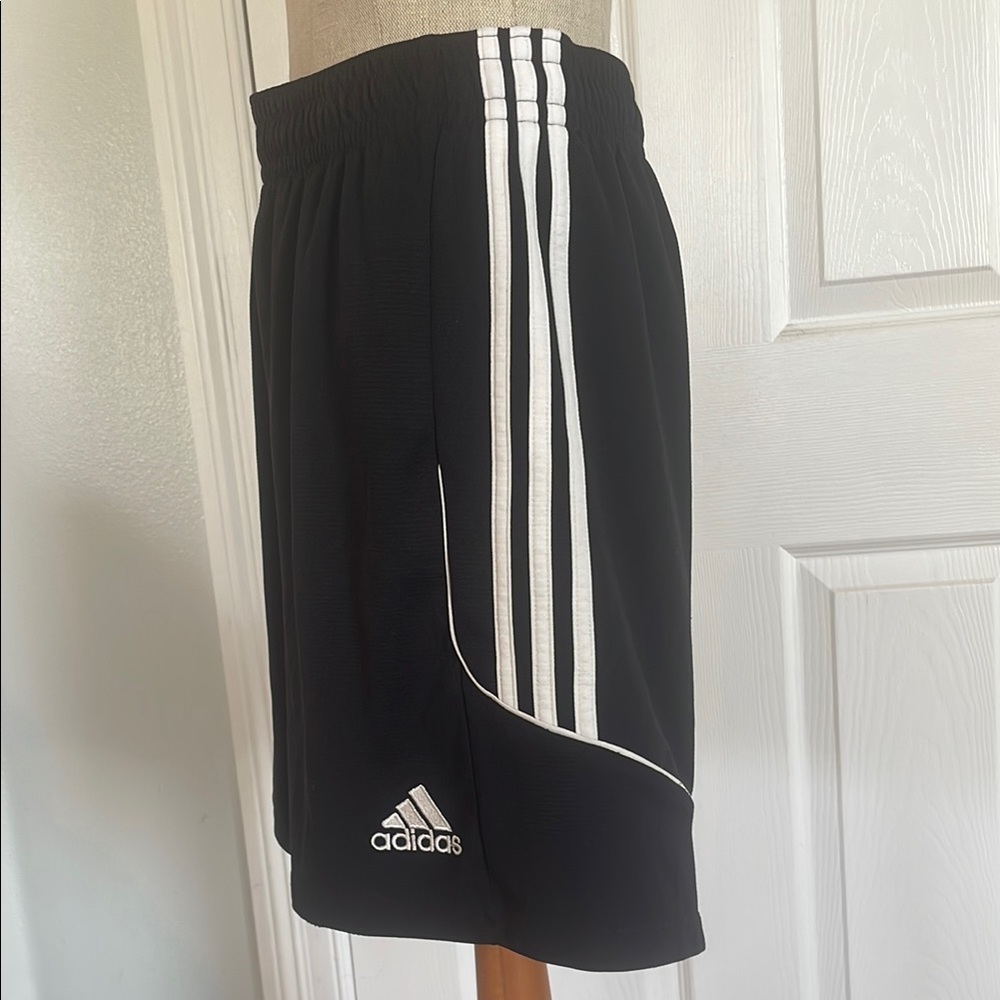 Adidas Climalite Black Athletic Shorts 3 white stripes elastic drawstring waist
